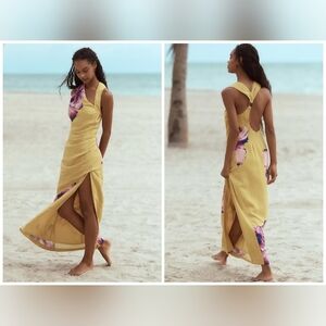 NWT Anthropologie Asymmetrical Linen Blend Yellow Purple Maxi Summer Beach Dress